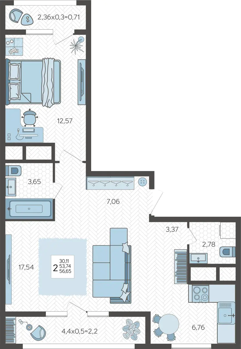 Двухкомнатная квартира 57.6 м² в ЖК Зеленодар литер 2 подъезд 51 этаж 11 -  цена 6 364 800 рублей