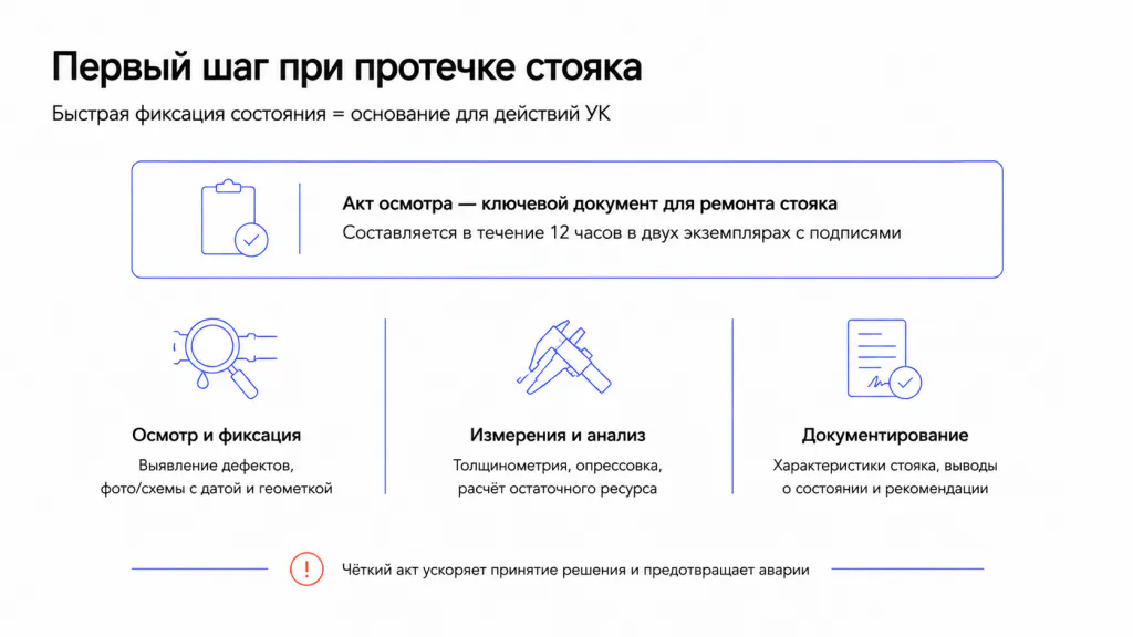 Осмотр, фотофиксация, акт состояния стояка