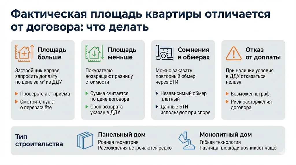 Что делать если фактическая площадь отличается больше или меньше договорной?