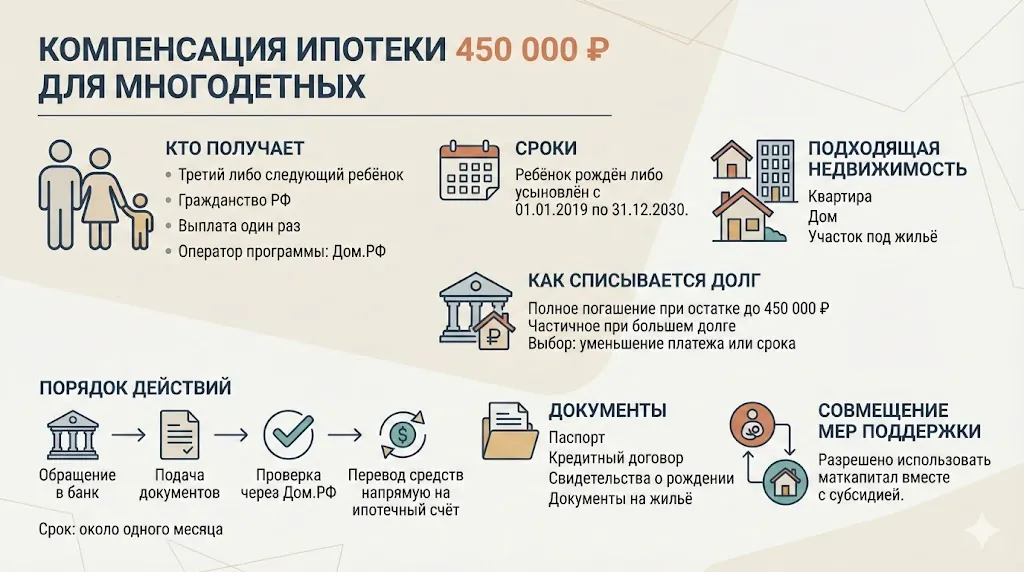Компенсация ипотеки 450 тыс. рублей для многодетных семей