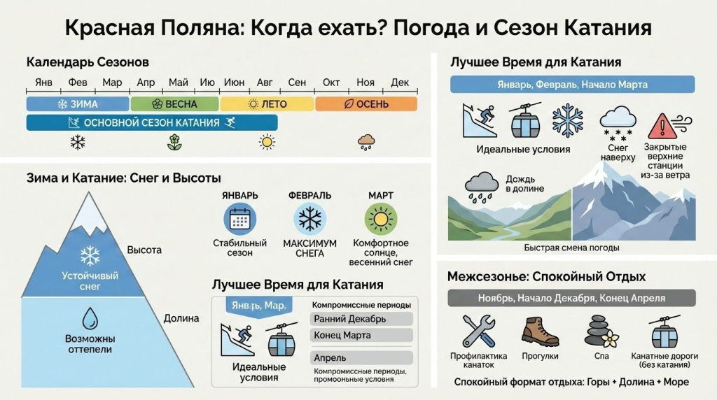 Когда ехать: погода, сезон катания