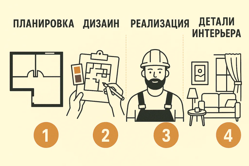Этапы дизайн проекта, во время ремонта квартиры в новостройке с нуля Этапы дизайн проекта, во время ремонта квартиры в новостройке с нуля