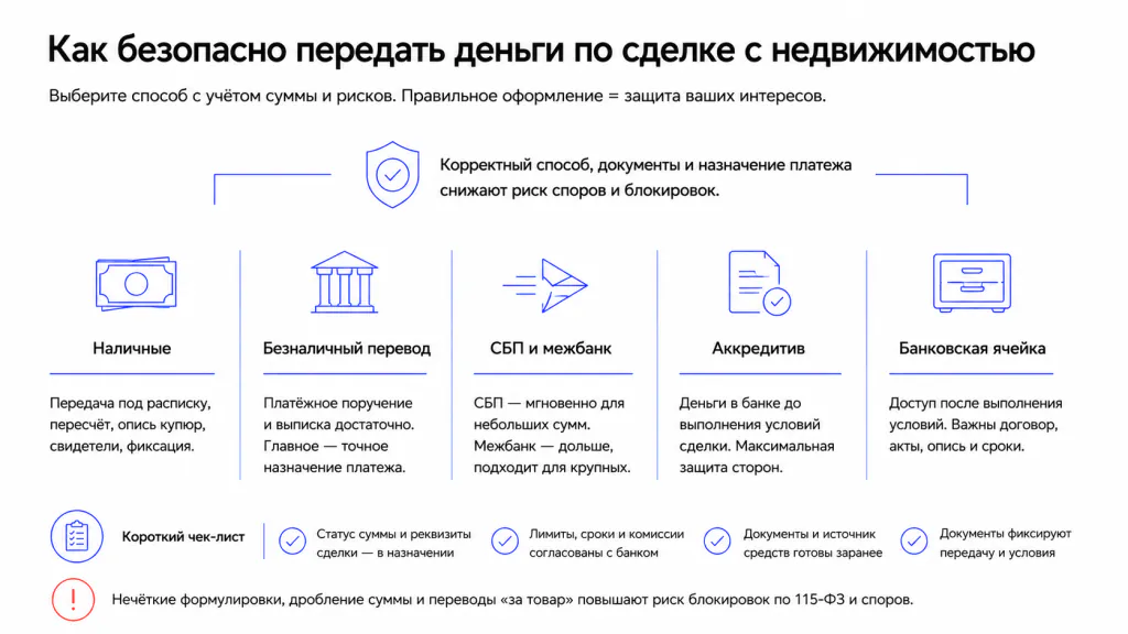 Способы передачи денег: наличные, безналичный перевод, аккредитив, банковская ячейка