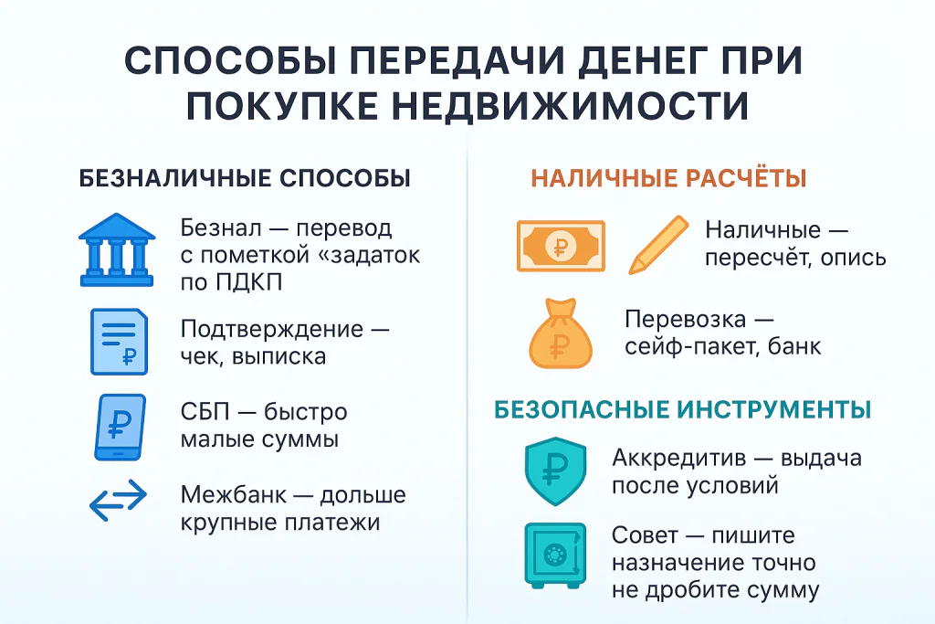 Способы передачи денег: наличные, безналичный перевод, аккредитив, банковская ячейка