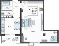 1-комнатные апартаменты №25, 51.1300 м²