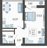 1-комнатная квартира №197, 38.1000 м²