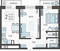 2-комнатная квартира №126, 59.7100 м²