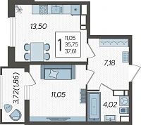 1-комнатная квартира №797, 37.6100 м²
