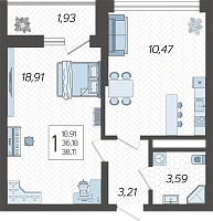 1-комнатная квартира №164, 38.1100 м²
