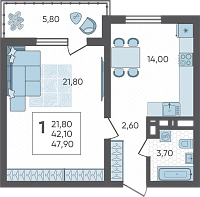 1-комнатная квартира №18, 48.0000 м²