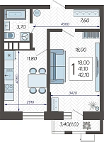 1-комнатная квартира №206, 42.1000 м²