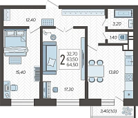 2-комнатная квартира №9, 64.5000 м²