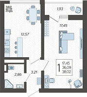 1-комнатная квартира №266, 38.0200 м²