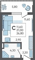 Студия №2, 26.8000 м²