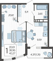 1-комнатная квартира №341, 40.2700 м²