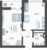 1-комнатная квартира №224, 38.0200 м²