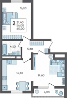 2-комнатная квартира №297, 60.0000 м²