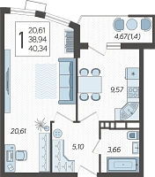 1-комнатная квартира №129, 40.3400 м²