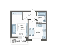 1-комнатная квартира №256, 32.9500 м²