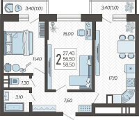 2-комнатная квартира №4, 58.5000 м²