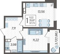1-комнатная квартира №1157, 37.7300 м²