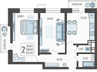 2-комнатная квартира №3, 60.6000 м²