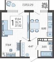 1-комнатная квартира №344, 37.9200 м²
