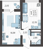 1-комнатная квартира №33, 38.0000 м²