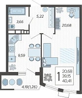 1-комнатная квартира №126, 40.4100 м²