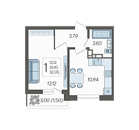 1-комнатная квартира №106, 32.9500 м²