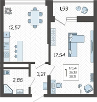 1-комнатная квартира №212, 38.1100 м²