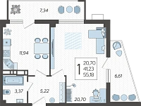 1-комнатные апартаменты №59, 55.1800 м²
