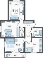 3-комнатная квартира №195, 81.6000 м²