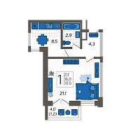 1-комнатная квартира №109, 38.6000 м²