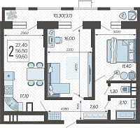 2-комнатная квартира №92, 59.6000 м²