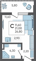 Студия №2, 26.8000 м²