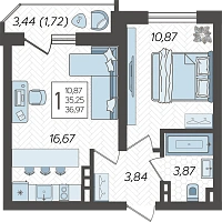 1-комнатная квартира №1632, 36.9700 м²