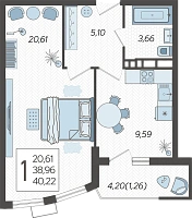 1-комнатная квартира №127, 40.2200 м²