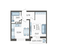 1-комнатная квартира №125, 32.9500 м²