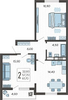 2-комнатная квартира №96, 61.5000 м²