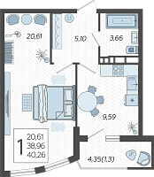 1-комнатная квартира №222, 40.2600 м²
