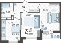 2-комнатная квартира №190, 50.5000 м²