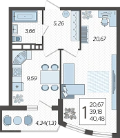 1-комнатная квартира №228, 40.4800 м²