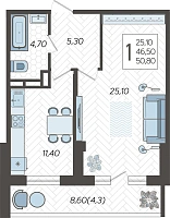 1-комнатная квартира №186, 51.4000 м²