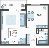 1-комнатная квартира №2, 47.9000 м²
