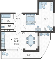1-комнатные апартаменты №88, 57.5800 м²
