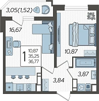1-комнатная квартира №1442, 36.7700 м²
