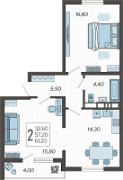 2-комнатная квартира №180, 61.2000 м²