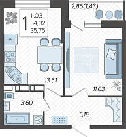 1-комнатная квартира №254, 36.4500 м²