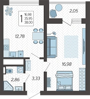 1-комнатная квартира №19, 38.0000 м²